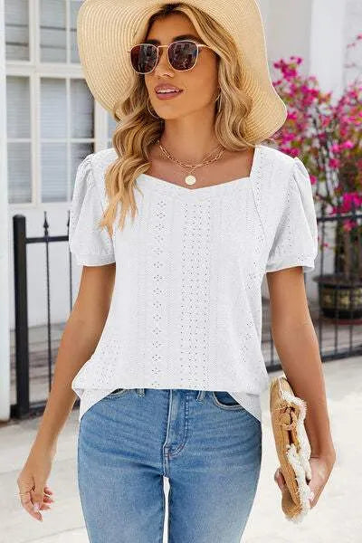 Eyelet Puff Sleeve T-Shirt Women's T-Shirts - Tophatter Daily Deals